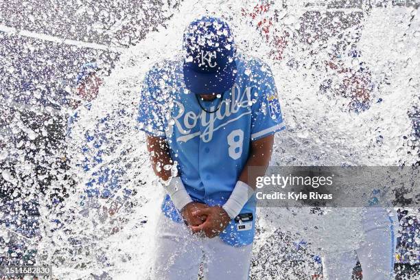 Nicky Lopez of the Kansas City Royals has water splashed on him after the Kansas City Royals defeated the Los Angeles Dodgers at Kauffman Stadium on...