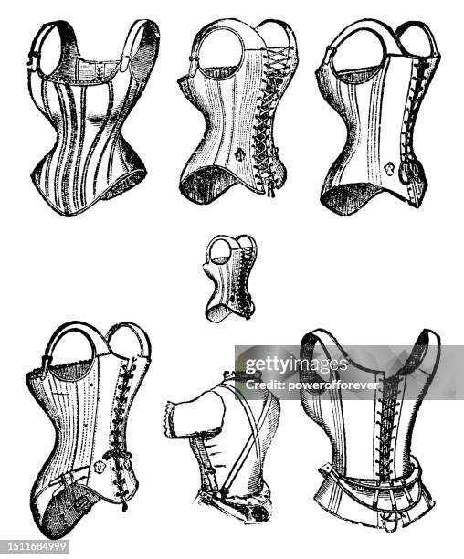 various styles of victorian corsets - 19th century - vintage corset 幅插畫檔、美工圖案、卡通及圖標