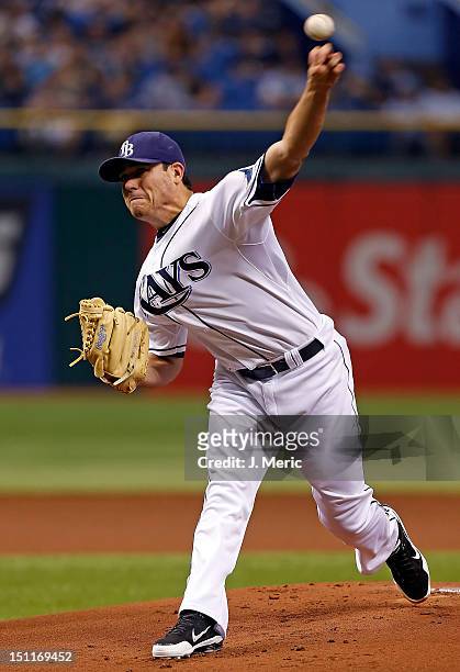 Pitcher Matt Moore of the Tampa Bay Rays pitches against the Oakland Athletics during the game at Tropicana Field on August 24, 2012 in St....