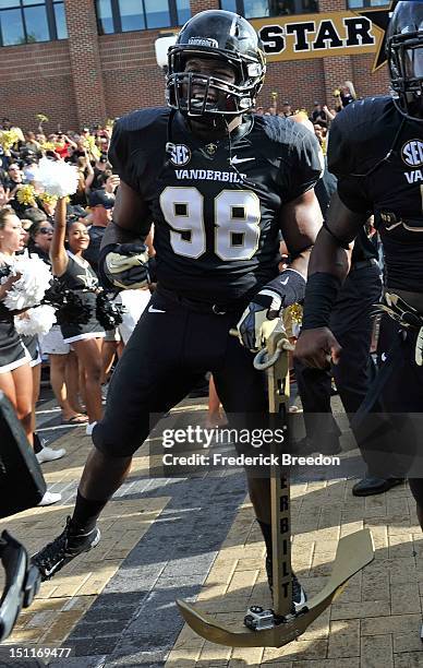 Johnell Thomas of the Vanderbilt Commodores enters the field prior to a game against the South Carolina Gamecocks at Vanderbilt Stadium on August 30,...