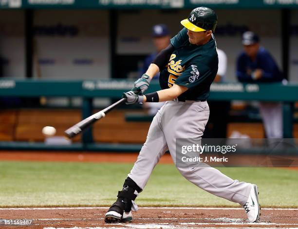 Infielder Stephen Drew of the Oakland Athletics bats against the Tampa Bay Rays during the game at Tropicana Field on August 25, 2012 in St....