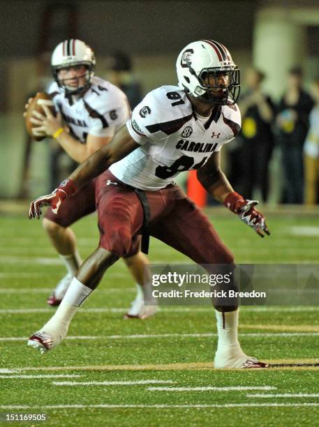 Rory Anderson of the South Carolina Gamecocks plays against the Vanderbilt Commodores at Vanderbilt Stadium on August 30, 2012 in Nashville,...