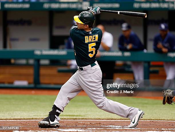 Infielder Stephen Drew of the Oakland Athletics bats against the Tampa Bay Rays during the game at Tropicana Field on August 25, 2012 in St....