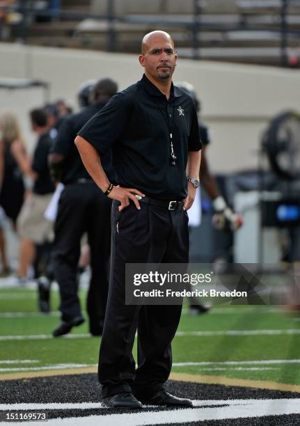 Head coach James Franklin of the Vanderbilt Commodores watches his team warm up prior to a game against the South Carolina Gamecocks at Vanderbilt...