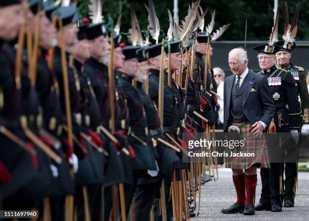King Charles III reviews the Royal Company of Archers during the Ceremony of Keys on the forecourt of the Palace of Holyroodhouse on July 03, 2023 in...
