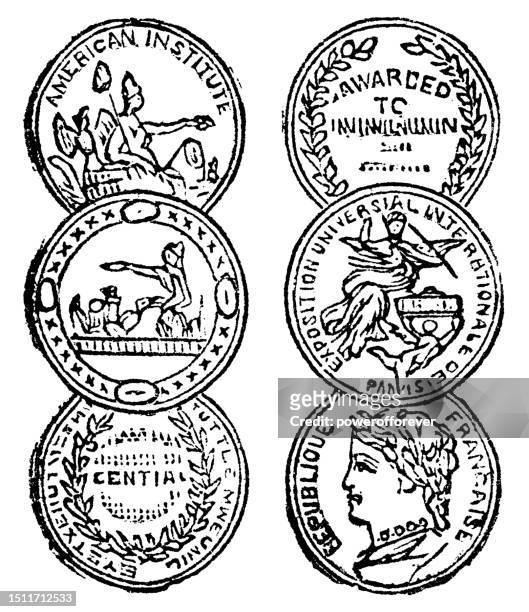 award medal’s from the american institute of the city of new york, third paris world’s fair, exposition universelle in 1878 and centennial international exhibition of 1876 - 19th century - 1876 stock illustrations