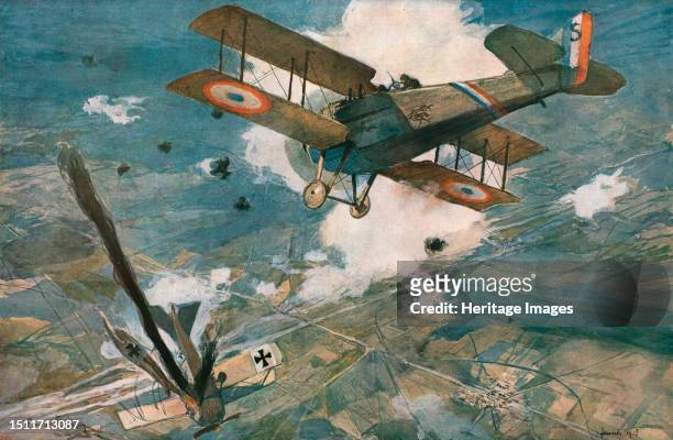 ''Combat Aerien; L'avion ennemi s'abat en flammes. -- Le Spad vainqueur est encadre par les shrapnells', 1918. From "L'Album de la Guerre 1914-1919,...