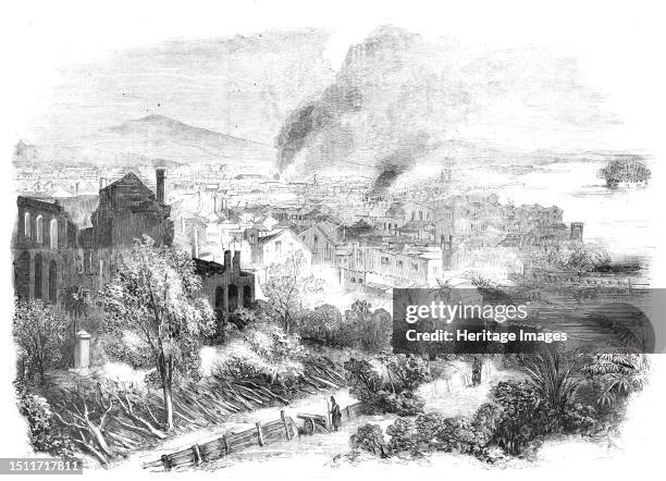 Canton and Part of the Suburbs, sketched during the Conflagration in the City, 1857. 'This Sketch is of interest as it was taken during the only fire...