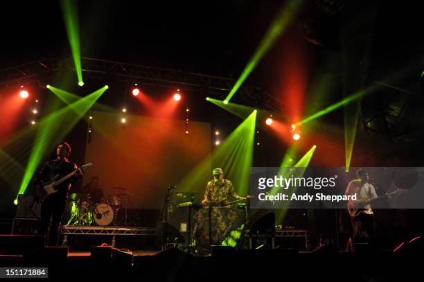 Jim Fairchild, Jason Lytle and Kevin Garcia of the band Grandaddy perform on stage during End Of The Road Festival at Larmer Tree Gardens on...
