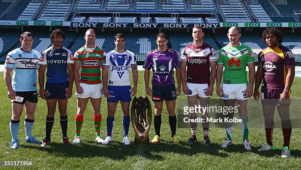Paul Gallen of the Sharks, Johnathan Thurston of the Cowboys, Michael Crocker of the Rabbitohs, Michael Ennis of the Bulldogs, Billy Slater of the...