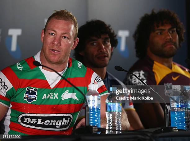 Michael Croker of the Rabbitohs speaks to the media during the 2012 NRL finals series launch at Allianz Stadium on September 3, 2012 in Sydney,...