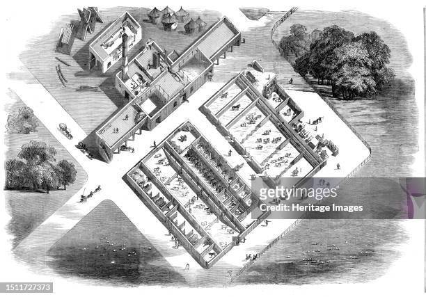 Farm Buildings erected for the Earl of Macclesfield, at Shirburn, Oxon., 1857. View '...without the roofs...One main feature in the buildings is the...