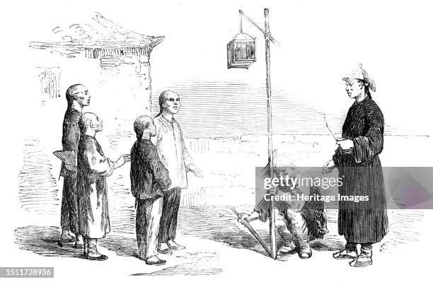 Head of a Chinese Criminal exposed in a Cage to his Children, from a drawing by a Chinese artist...1857. 'The penal code of China...is marked by...