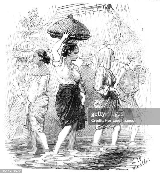 The Rainy Season, Manilla, 1857. Street scene in the Philippines. 'The rain has suggested a little Sketch of the charms of this moist season, our...