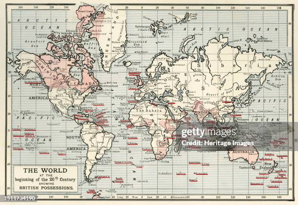 The World at the Beginning of the 20th Century Showing British Possessions' [in pink], circa 1900. From "Cassell's History of England, Vol. IX"....