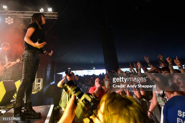 Tay Jardine of the band We Are In the Crowd performs on stage during Reading Festival 2012 at Richfield Avenue on August 25, 2012 in Reading, United...
