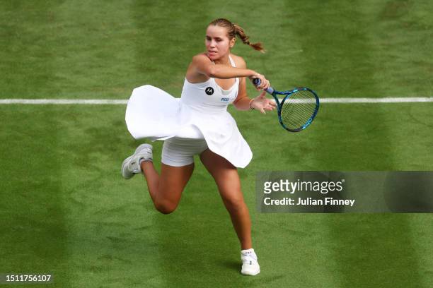 Sofia Kenin of United States plays a forehand against Coco Gauff of United States in the Women's Singles first round match during day one of The...