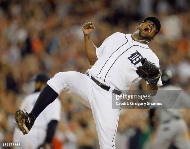 Jose Valverde of the Detroit Tigers reacts after beating the Chicago White Sox 4-2 at Comerica Park on September 2, 2012 in Detroit, Michigan.