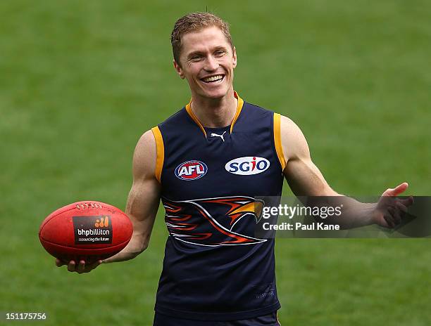 Adam Selwood looks on during a West Coast Eagles AFL training session at Patersons Stadium on September 3, 2012 in Perth, Australia.
