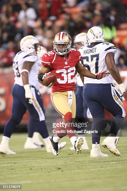 Darcel McBath of the San Francisco 49ers celebrates after grabbing an interception during the game against the San Diego Chargers at Candlestick Park...