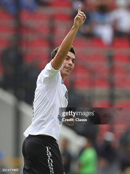 Esteban Paredes of Atlante celebrate a goal during a match between Queretaro and Atlante as part of the Torneo Apertura 2012 at La Corregidora...