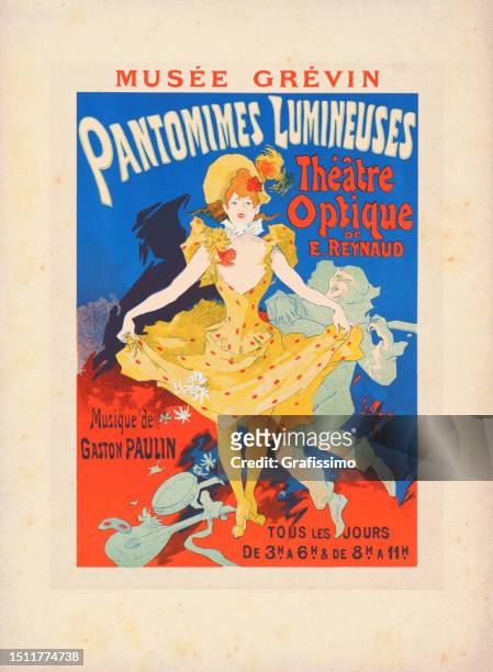 art nouveau billboard woman at film theatre 1895 - theater play in paris stock illustrations