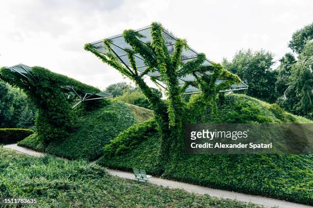 metal construction overgrown with green plants in warsaw university library public garden, poland - overgrown stock pictures, royalty-free photos & images