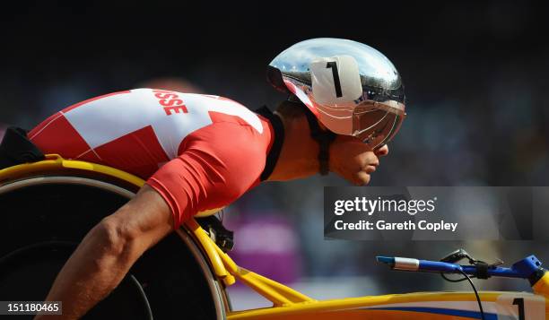 Marcel Hug of Switzerland competes in the Men's 1500m - T54 heats on day 5 of the London 2012 Paralympic Games at Olympic Stadium on September 3,...
