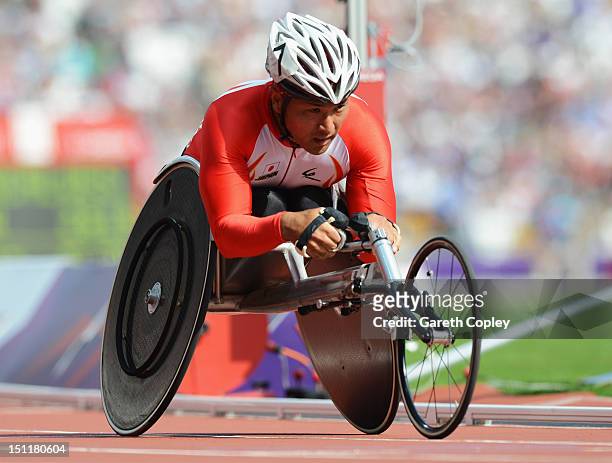 Masazumi Soejima of Japan competes in the Men's 1500m - T54 heats on day 5 of the London 2012 Paralympic Games at Olympic Stadium on September 3,...