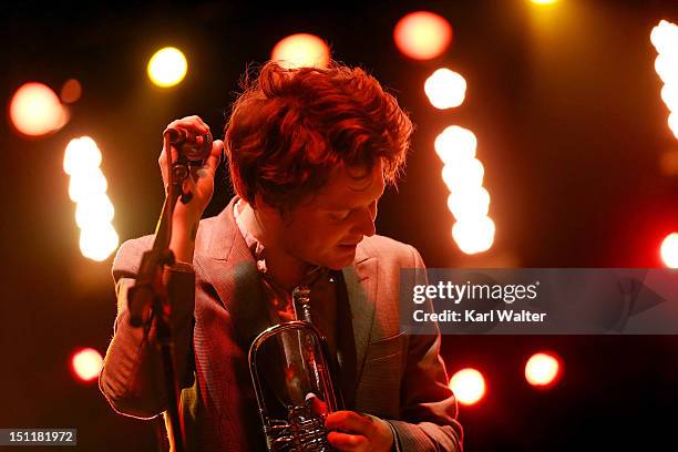 Zach Condon of Beruit performs on day 2 of FYF Fest at Los Angeles State Historic Park on September 2, 2012 in Los Angeles, California.