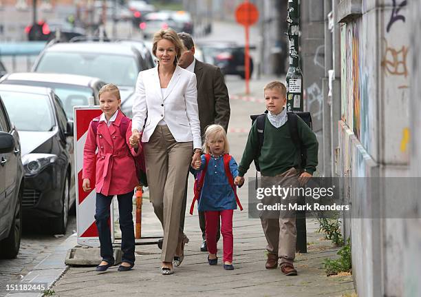 Princess Elisabeth, Princess Mathilde, Princess Eleonore and Prince Gabriel of Belgium attend first day at school at Sint Jan Berghmans College on...