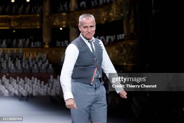 Designer Thom Browne walks the runway at the end of the Thom Browne Haute Couture Fall/Winter 2023/2024 show as part of Paris Fashion Week on July...