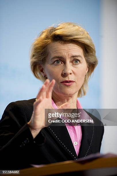 Picture taken on January 3, 2012 in Berlin shows German Labour and Social Affairs Minister Ursula von der Leyen during a press conference. AFP PHOTO...