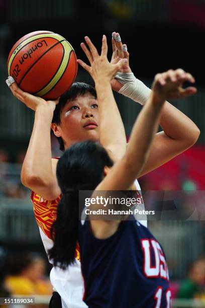 Haizhen Cheng of China shoots during the Women's Wheelchair Basketball Preliminary Group B match between China and the United States on day 5 of the...