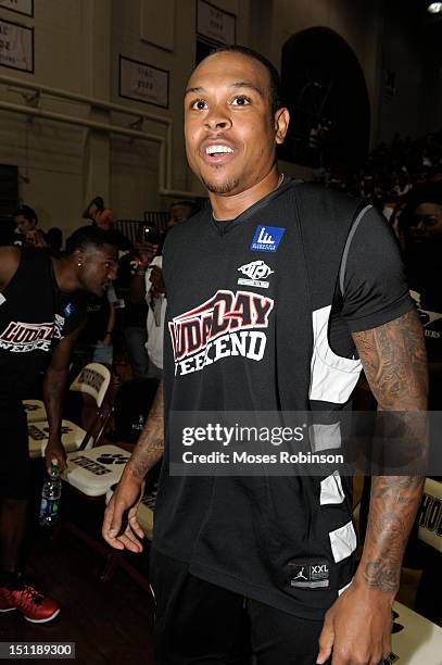 Player Shannon Brown attends the LudaDay 2012 Weekend Celebrity Basketball Game at Forbes Arena on September 2, 2012 in Atlanta, Georgia.