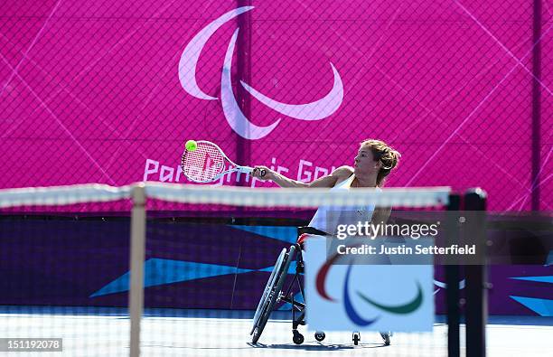 Annick Sevenans of Belgium in action during the Women's Singles Wheelchair Tennis match against Yui Kamiji of Japan on Day 5 of the London 2012...