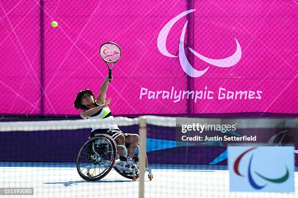 Yui Kamiji of Japan in action during the Women's Singles Wheelchair Tennis match against Annick Sevenans of Belgiumon Day 5 of the London 2012...