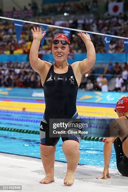 Eleanor Simmonds of Great Britain celebrates winning the gold medal in the Women's 200m Individual Medley - SM6 final on day 5 of the London 2012...