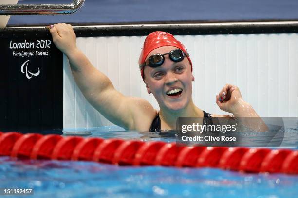 Eleanor Simmonds of Great Britain celebrates winning the gold medal in the Women's 200m Individual Medley - SM6 final on day 5 of the London 2012...