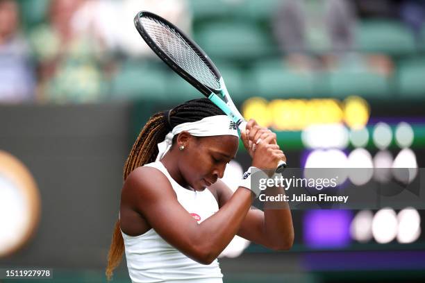 Coco Gauff of United States reacts against Sofia Kenin of United States in the Women's Singles first round match during day one of The Championships...