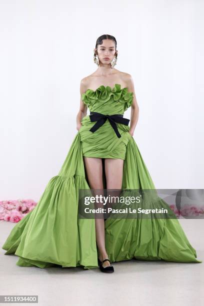 Model walks the runway during the Giambattista Valli Haute Couture Fall/Winter 2023/2024 show as part of Paris Fashion Week on July 03, 2023 in...