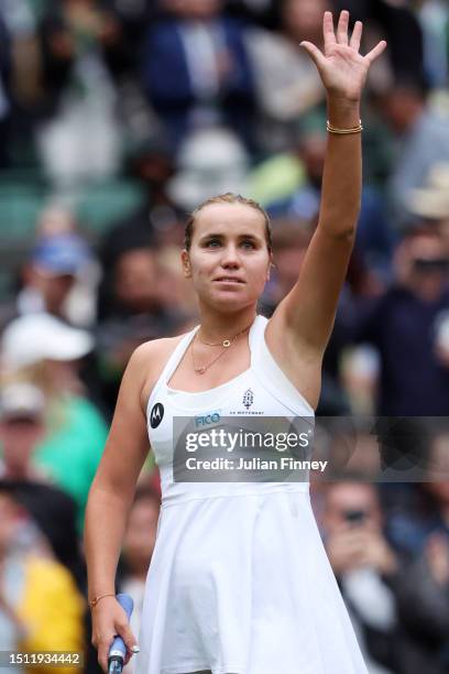 Sofia Kenin of United States celebrates winning match point against Coco Gauff of United States in the Women's Singles first round match during day...