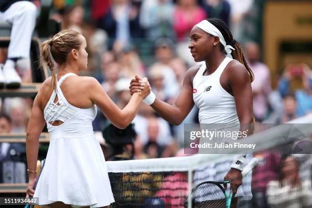 Coco Gauff of United States shakes hands with Sofia Kenin of United States following the Women's Singles first round match during day one of The...