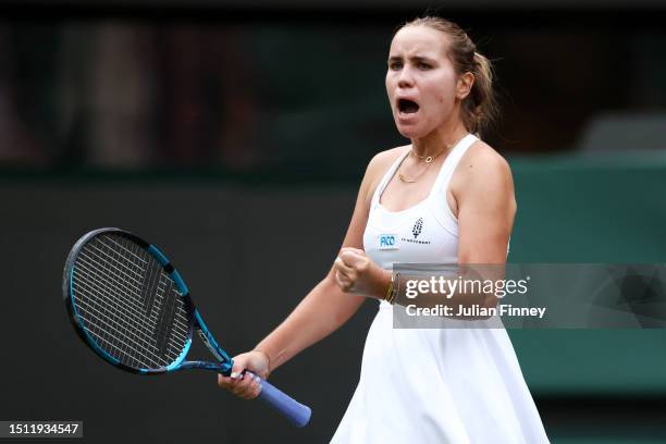 Sofia Kenin of United States celebrates against Coco Gauff of United States in the Women's Singles first round match during day one of The...