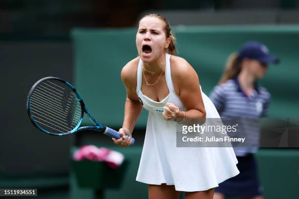 Sofia Kenin of United States celebrates against Coco Gauff of United States in the Women's Singles first round match during day one of The...