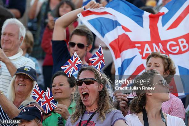 Fans show their support on day 5 of the London 2012 Paralympic Games at Greenwich Park on September 3, 2012 in London, England.