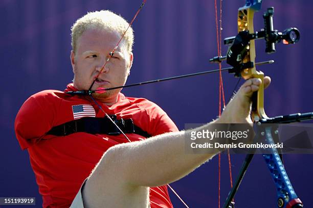 Matt Stutzman of the United States competes in the Men's Individual Compound Archery - Open on day 5 of the London 2012 Paralympic Games at The Royal...