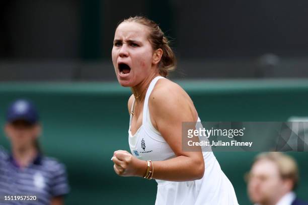 Sofia Kenin of United States celebrates against Coco Gauff of United States in the Women's Singles first round match during day one of The...