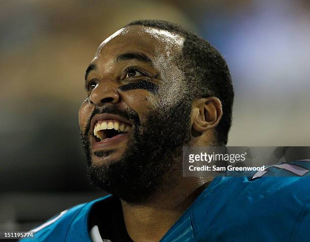 Will Robinson of the Jacksonville Jaguars smiles during a preseason game against the Atlanta Falcons at EverBank Field on August 30, 2012 in...