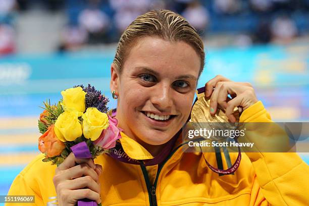 Gold medallist Jacqueline Freney of Australia poses following the medal ceremony for the Women's 100m Freestyle - S7 final on day 5 of the London...